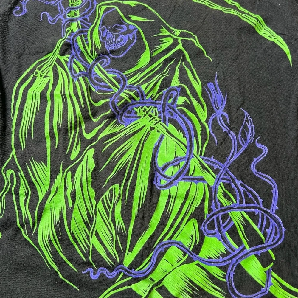 Y2K Grim Reaper Graphic T-Shirt Mens Medium Black Neon Gothic Tee